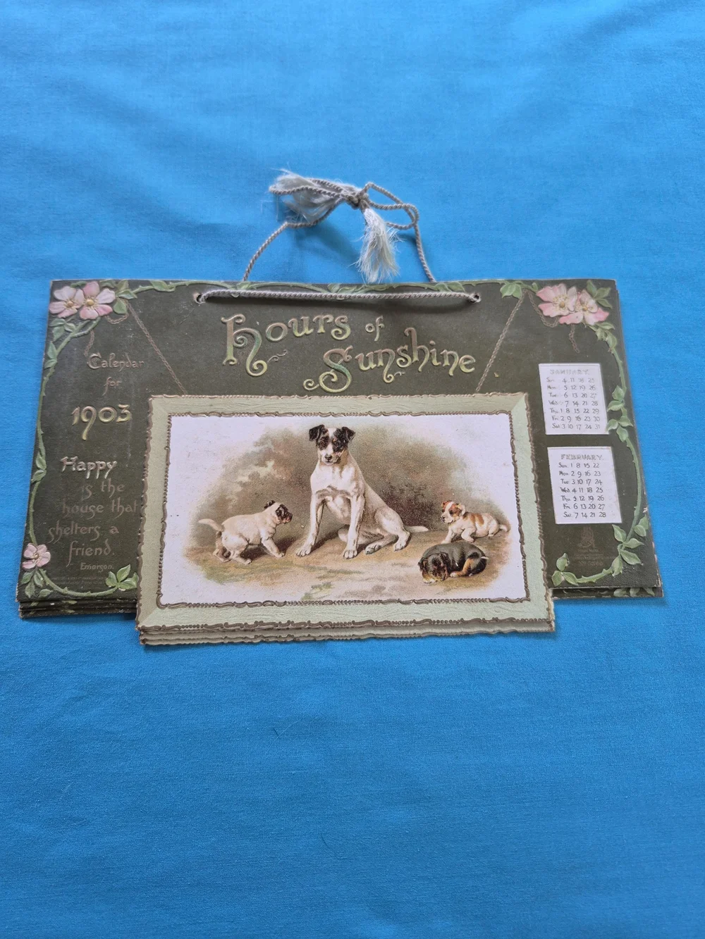 Antique Hours of Sunshine 1903 Calendar 4 Pages Dogs Puppies Victorian Poems